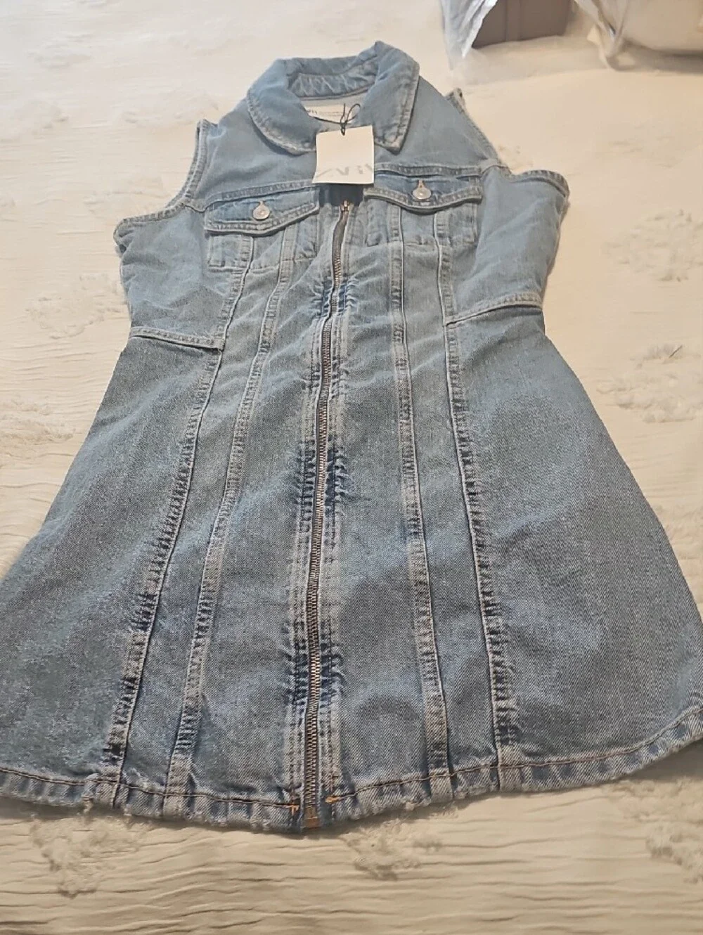 Zara Light Blue Sleeveless Denim Zip Dress